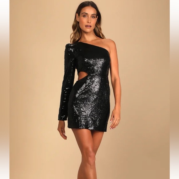 Lulus Total Diva Black Sequin One-Shoulder Bodycon Mini Dress - Picture 1 of 4